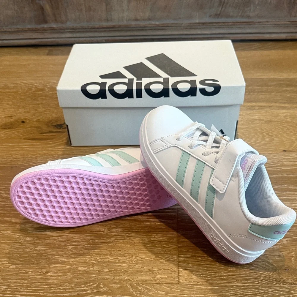 Adidas Kids White Sneakers with Mint Stripes